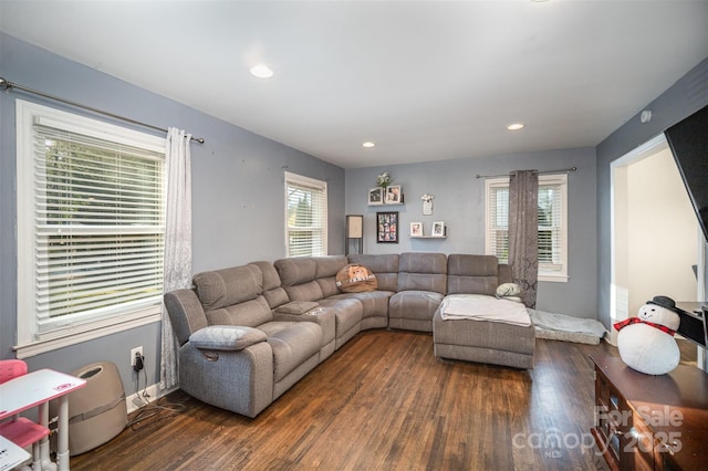 living room featuring a wealth of natural light and dark hardwood / wood-style flooring