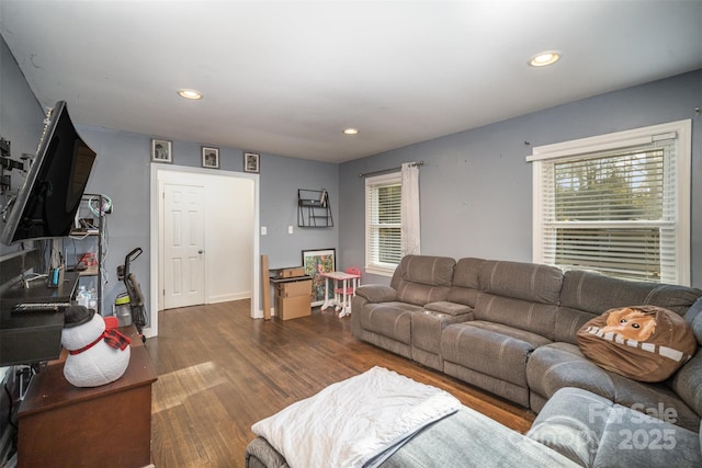 living room featuring dark hardwood / wood-style flooring and a healthy amount of sunlight