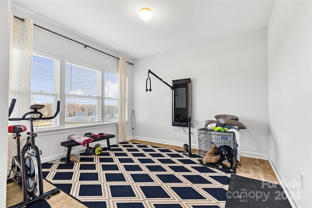 workout room with hardwood / wood-style floors