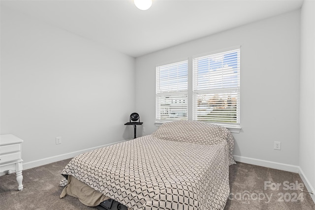 bedroom with dark colored carpet