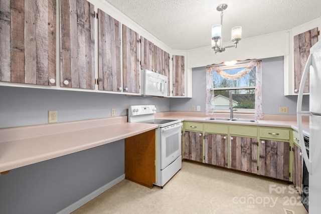 kitchen featuring pendant lighting, white appliances, light carpet, an inviting chandelier, and sink