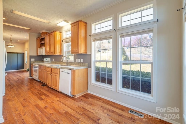 kitchen with a textured ceiling, white appliances, sink, light hardwood / wood-style floors, and hanging light fixtures