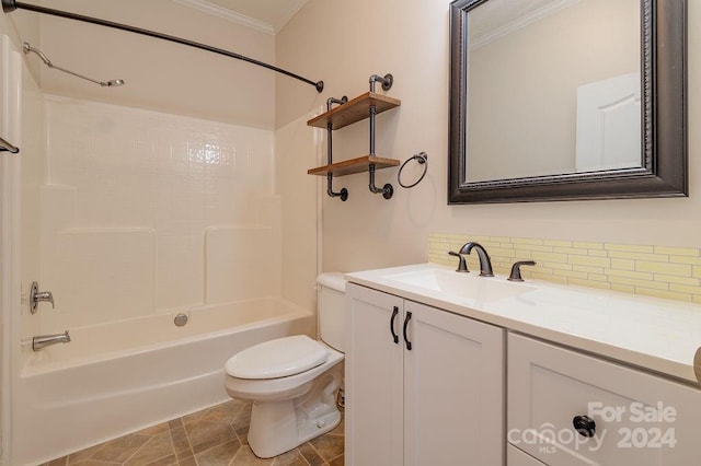 full bathroom featuring backsplash, crown molding, washtub / shower combination, tile patterned flooring, and toilet