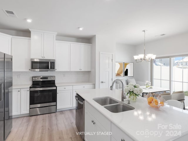 kitchen featuring sink, stainless steel appliances, tasteful backsplash, light hardwood / wood-style flooring, and white cabinets