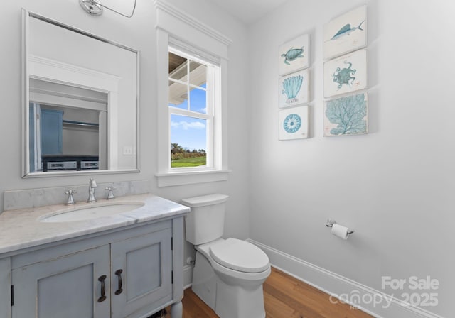 bathroom featuring wood-type flooring, toilet, and vanity