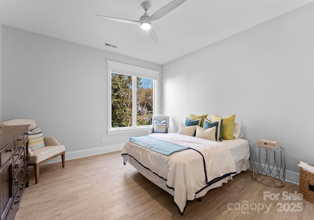 bedroom featuring ceiling fan and light wood-type flooring