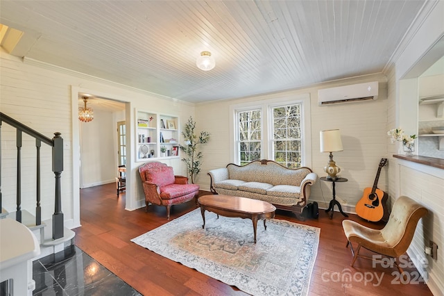 living room with crown molding, wooden ceiling, dark wood-type flooring, and a wall unit AC