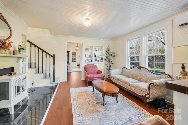 living room featuring wood ceiling, a wall mounted AC, crown molding, a fireplace, and dark hardwood / wood-style floors