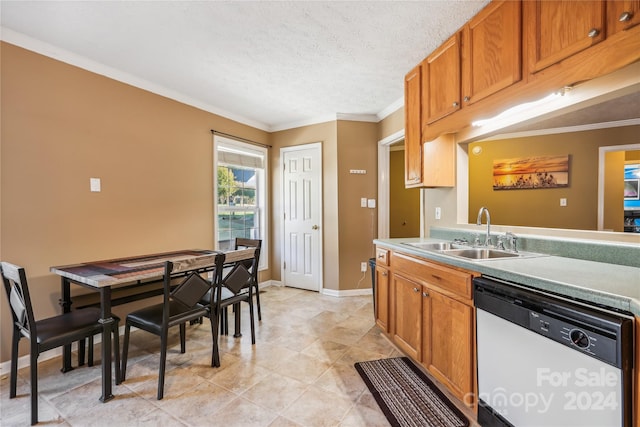 kitchen featuring crown molding, sink, stainless steel dishwasher, a textured ceiling, and light tile patterned flooring