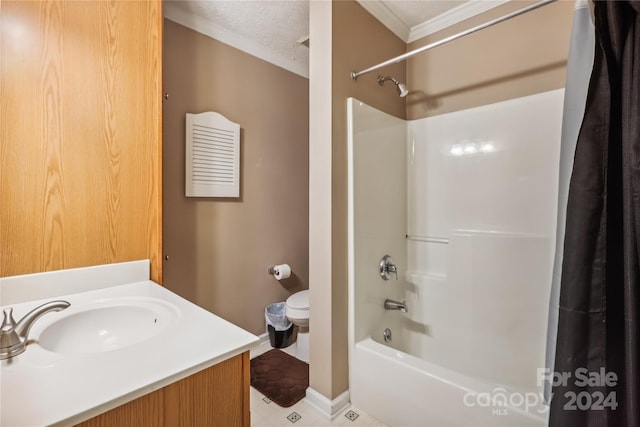 full bathroom with crown molding, vanity, shower / bath combination with curtain, and a textured ceiling