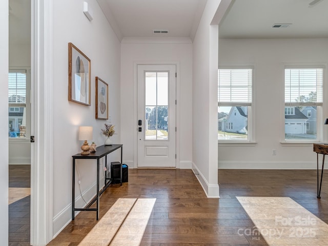 foyer featuring dark hardwood / wood-style floors, a wealth of natural light, and crown molding