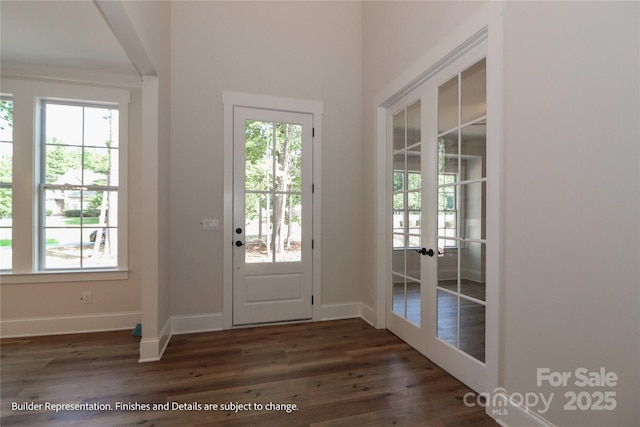 doorway featuring baseboards, french doors, and wood finished floors