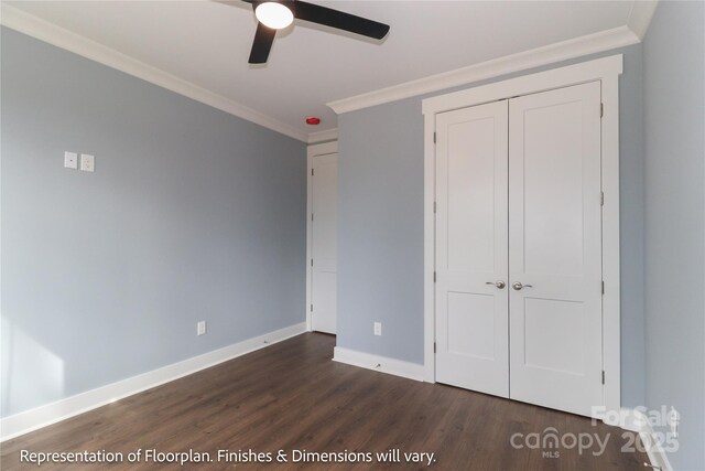 4271 Candlewood Dr, Sherrills Ford, NC 28673 - unfurnished bedroom featuring dark wood-style flooring, crown molding, baseboards, a closet, and ceiling fan