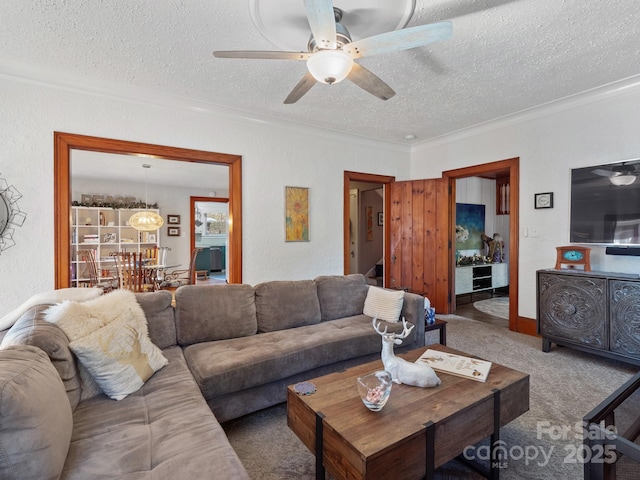 living room featuring crown molding, ceiling fan, carpet, and a textured ceiling