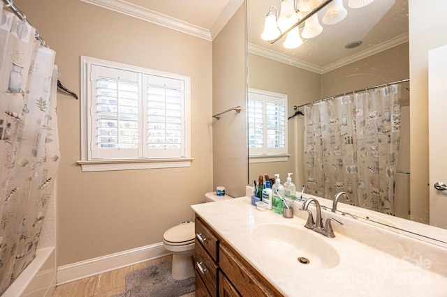 full bathroom with crown molding, vanity, shower / bath combo, and toilet