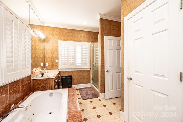 bathroom featuring vanity, crown molding, and plus walk in shower