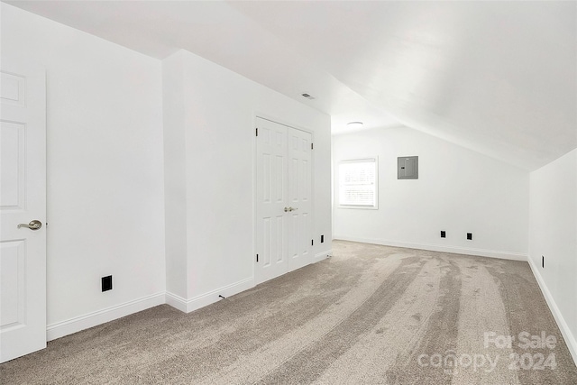 bonus room with lofted ceiling, carpet floors, and electric panel