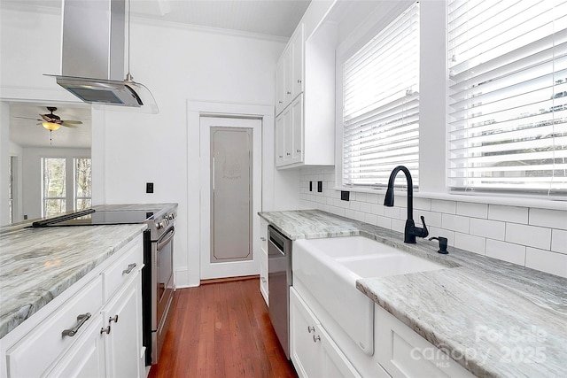 kitchen with island exhaust hood, ceiling fan, tasteful backsplash, appliances with stainless steel finishes, and a sink