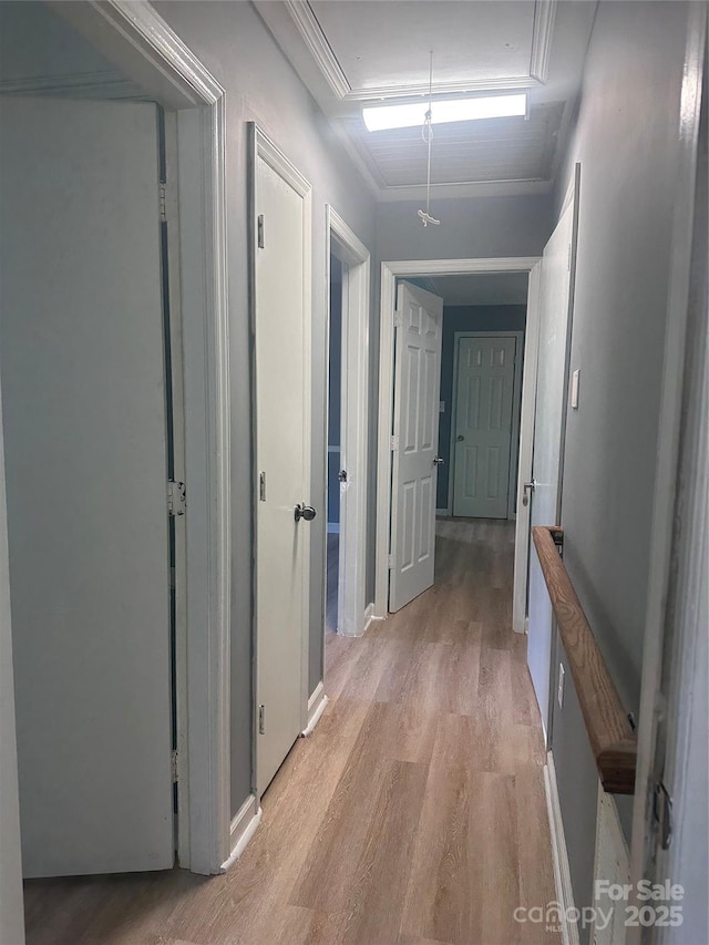 hallway with light hardwood / wood-style flooring and ornamental molding