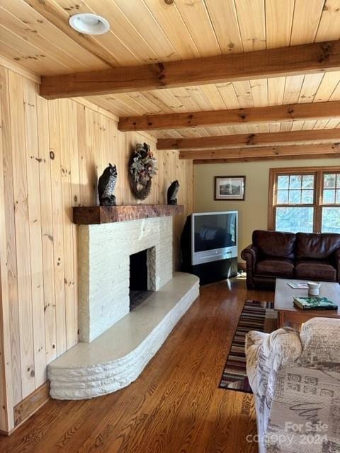 living room with wooden walls, beamed ceiling, dark wood-type flooring, and wooden ceiling