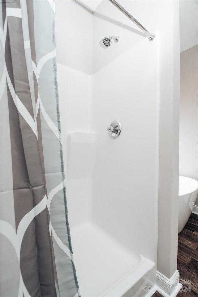 bathroom with wood-type flooring and a shower with curtain