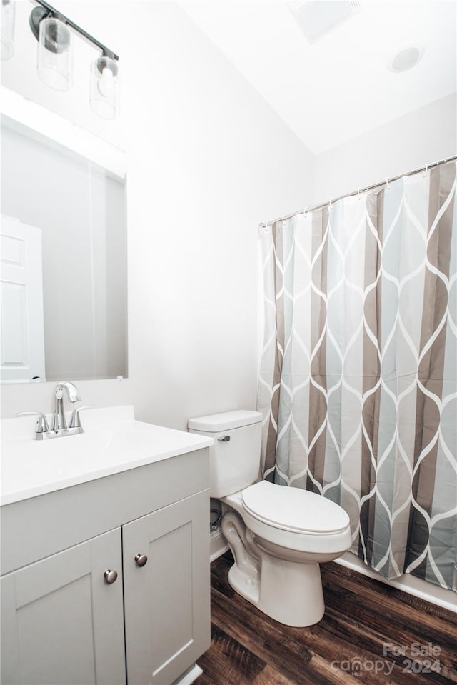 bathroom with vanity, toilet, and wood-type flooring