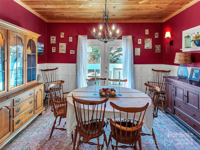 dining space featuring french doors, wooden ceiling, and an inviting chandelier