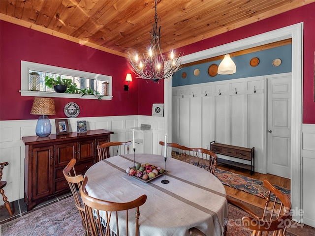 dining space with wooden ceiling and an inviting chandelier