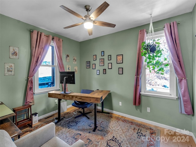 office featuring hardwood / wood-style flooring and ceiling fan