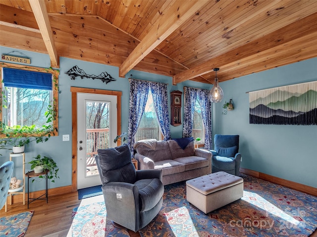 living room featuring hardwood / wood-style flooring, vaulted ceiling with beams, and wood ceiling