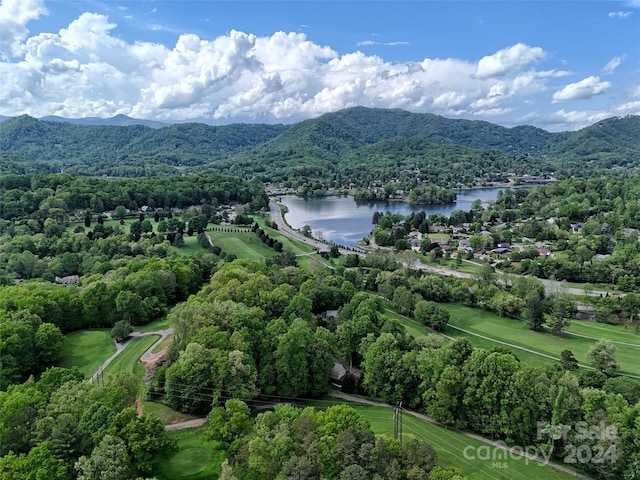 drone / aerial view with a water and mountain view