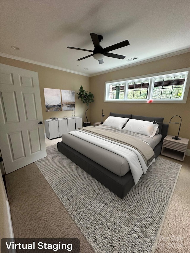 bedroom with carpet flooring, multiple windows, ceiling fan, and crown molding