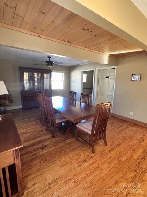 dining area featuring wood-type flooring, ornamental molding, ceiling fan, and wooden ceiling