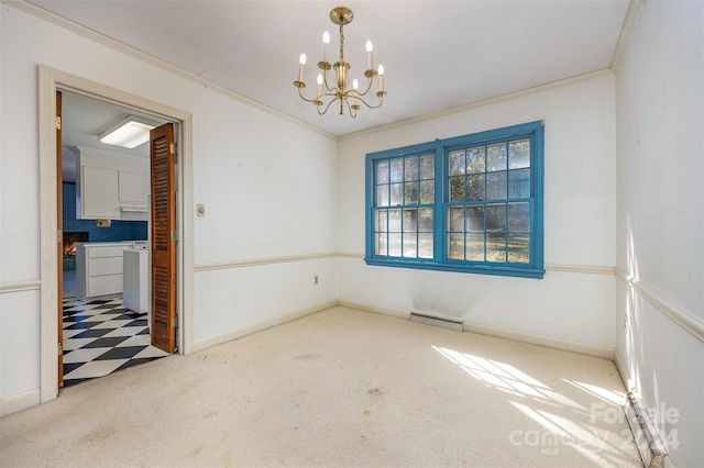 empty room featuring ornamental molding, light carpet, a baseboard radiator, and a chandelier