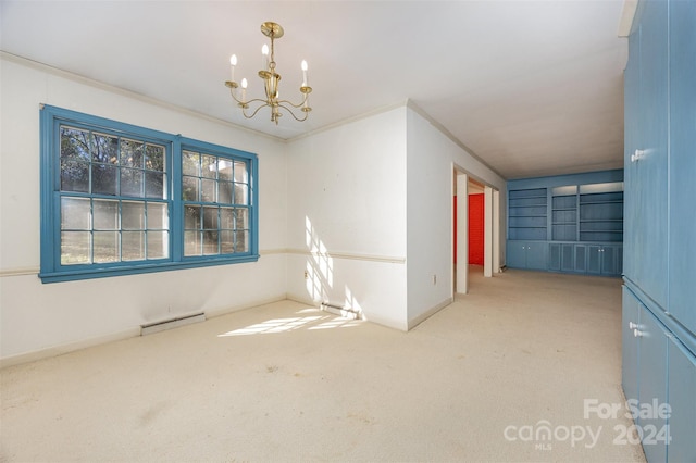 carpeted spare room featuring an inviting chandelier, baseboard heating, and ornamental molding