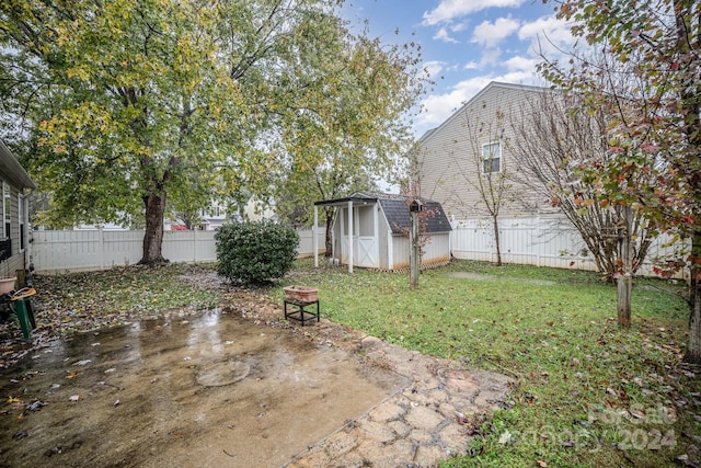 view of yard with a patio and a shed