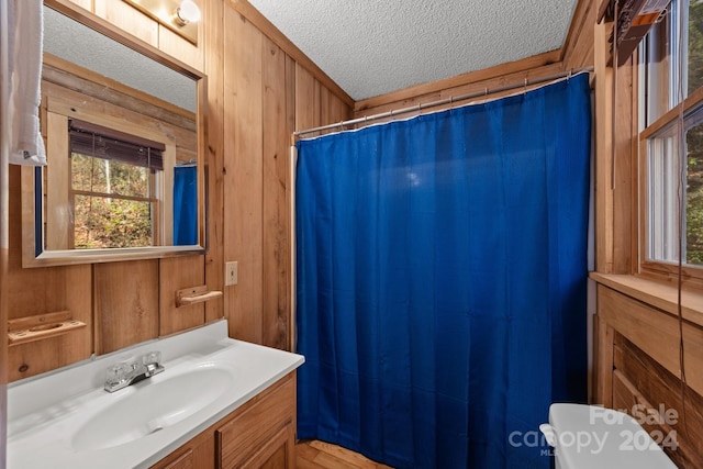 bathroom with vanity, a textured ceiling, a wealth of natural light, and wood walls