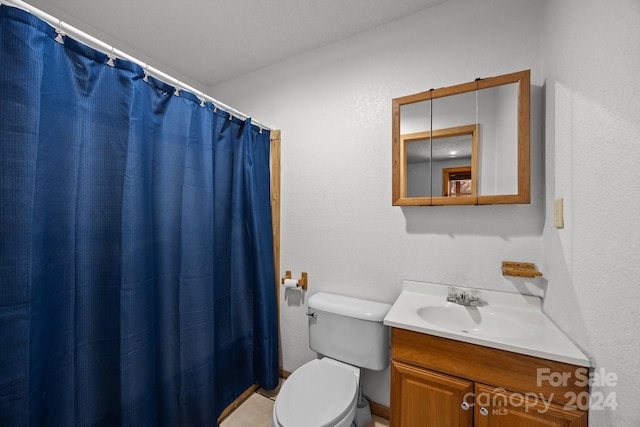 bathroom featuring vanity, curtained shower, and toilet