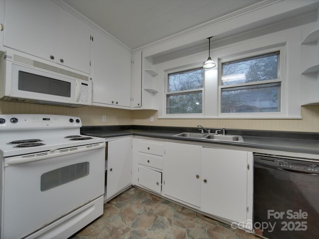 kitchen with ornamental molding, sink, white cabinets, and white appliances