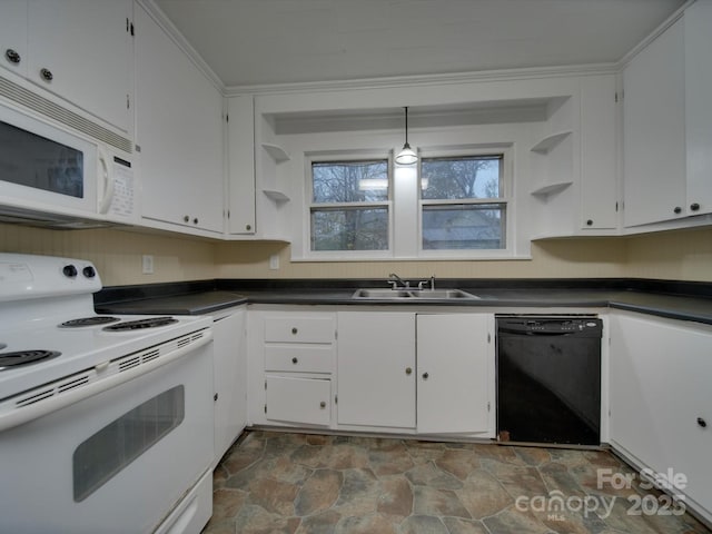 kitchen with sink, white appliances, hanging light fixtures, ornamental molding, and white cabinets