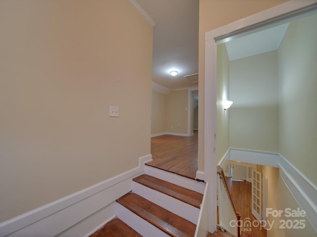 staircase featuring hardwood / wood-style flooring and crown molding