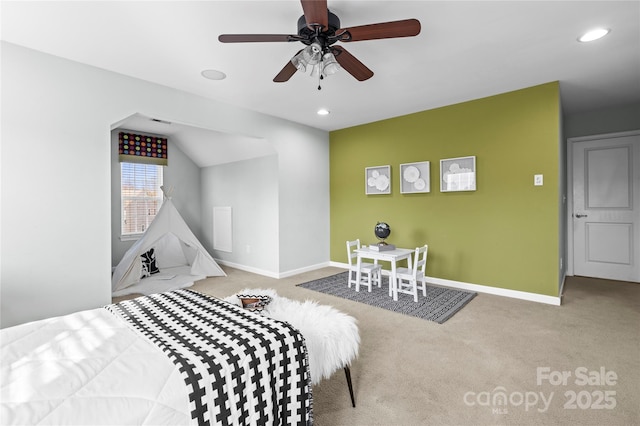 carpeted bedroom with ceiling fan