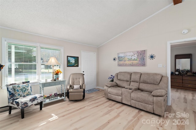 living room with a textured ceiling, crown molding, light hardwood / wood-style flooring, and vaulted ceiling