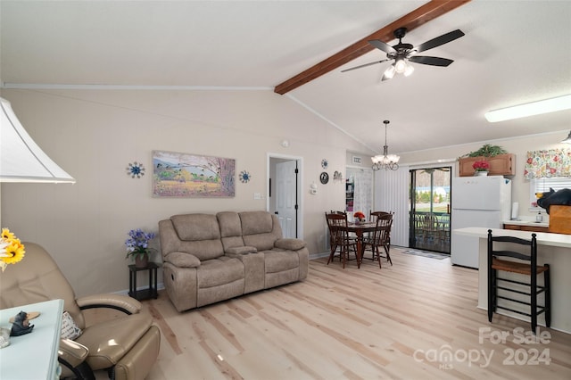 living room featuring ceiling fan with notable chandelier, light wood-type flooring, and lofted ceiling with beams