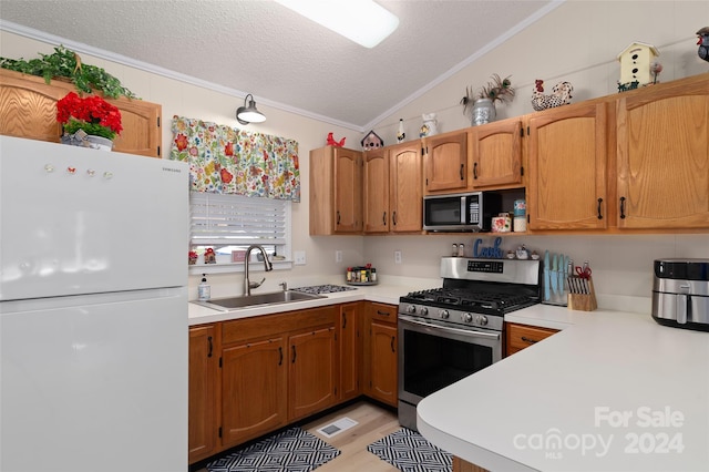 kitchen featuring a textured ceiling, stainless steel appliances, sink, light hardwood / wood-style floors, and lofted ceiling