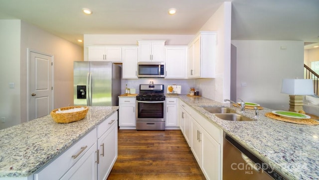 kitchen featuring dark hardwood / wood-style floors, light stone counters, sink, and appliances with stainless steel finishes