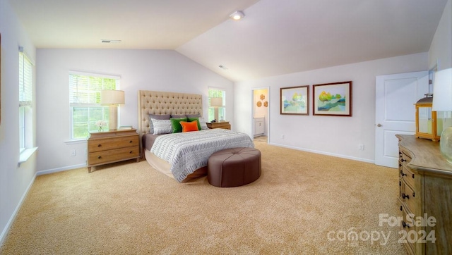 bedroom with lofted ceiling and light carpet