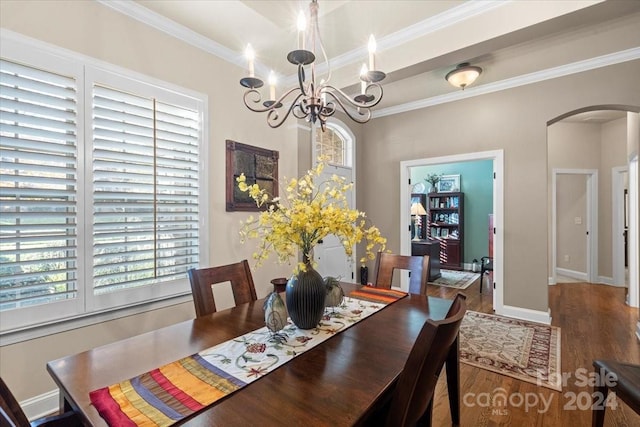 dining room featuring dark hardwood / wood-style flooring, ornamental molding, and a wealth of natural light