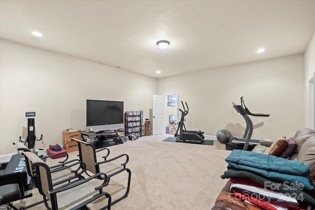 workout room featuring carpet flooring