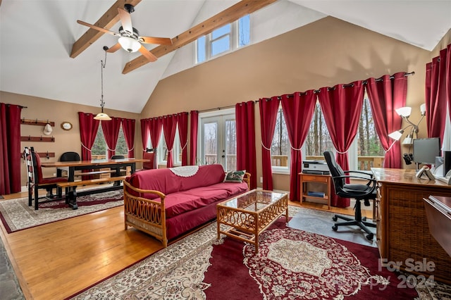 living room with french doors, ceiling fan, beam ceiling, hardwood / wood-style flooring, and high vaulted ceiling